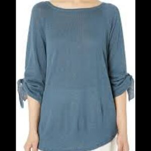 NWT Nic + Zoe Linen Blend Ruched Sleeve with Ties Lightweight Sweater Si…